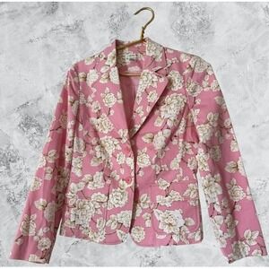 Harold's Pink Floral Cotton Blazer Jacket Women Size 4 Two Button Flap Pockets